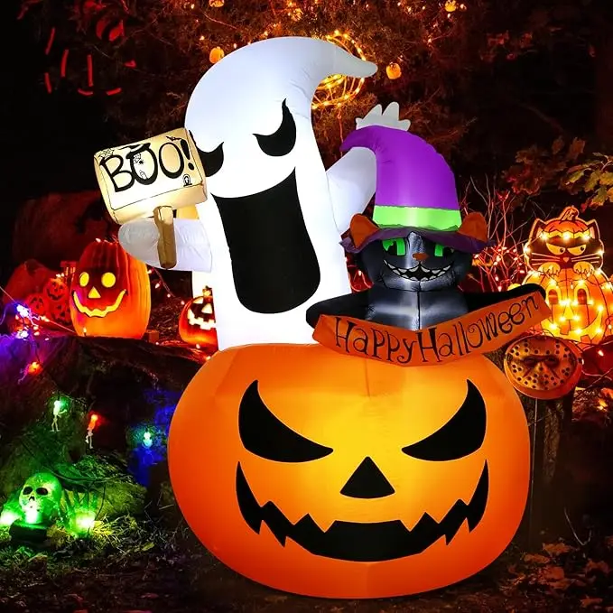 6 Fuß aufblasbare Halloween-Geisterkatze, Kürbis, Außendekoration, LED, aufblasbar, Halloween-Dekoration für Gartenparty