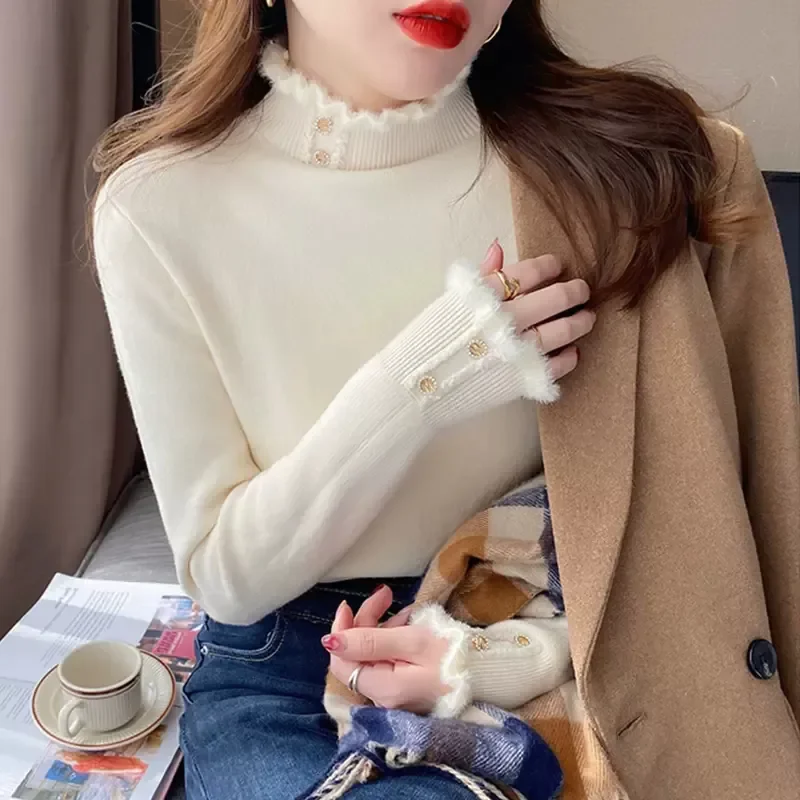 Winter Warm Sweater Pullover Women Slim Thicken Plush Velvet Lined Button Jumper Korean Half Turtleneck Poleras Soft Knit Tops