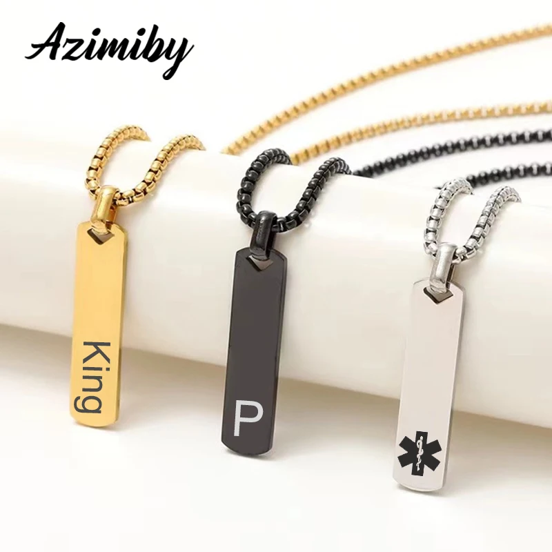 Azimiby Stainless Steel Custom Text Logo Necklaces Minimalist Rectangular Pendant Vertical Bar Choker Necklace For Men Jewelry