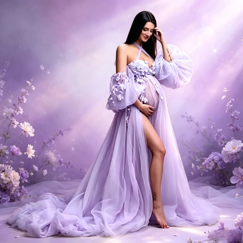 

Custom Fairy Blue Floral Matenity Dress Photoshoot Off Shoulder Soft Tulle Slit Maternity Dresses Pregnancy Gown Baby Shower