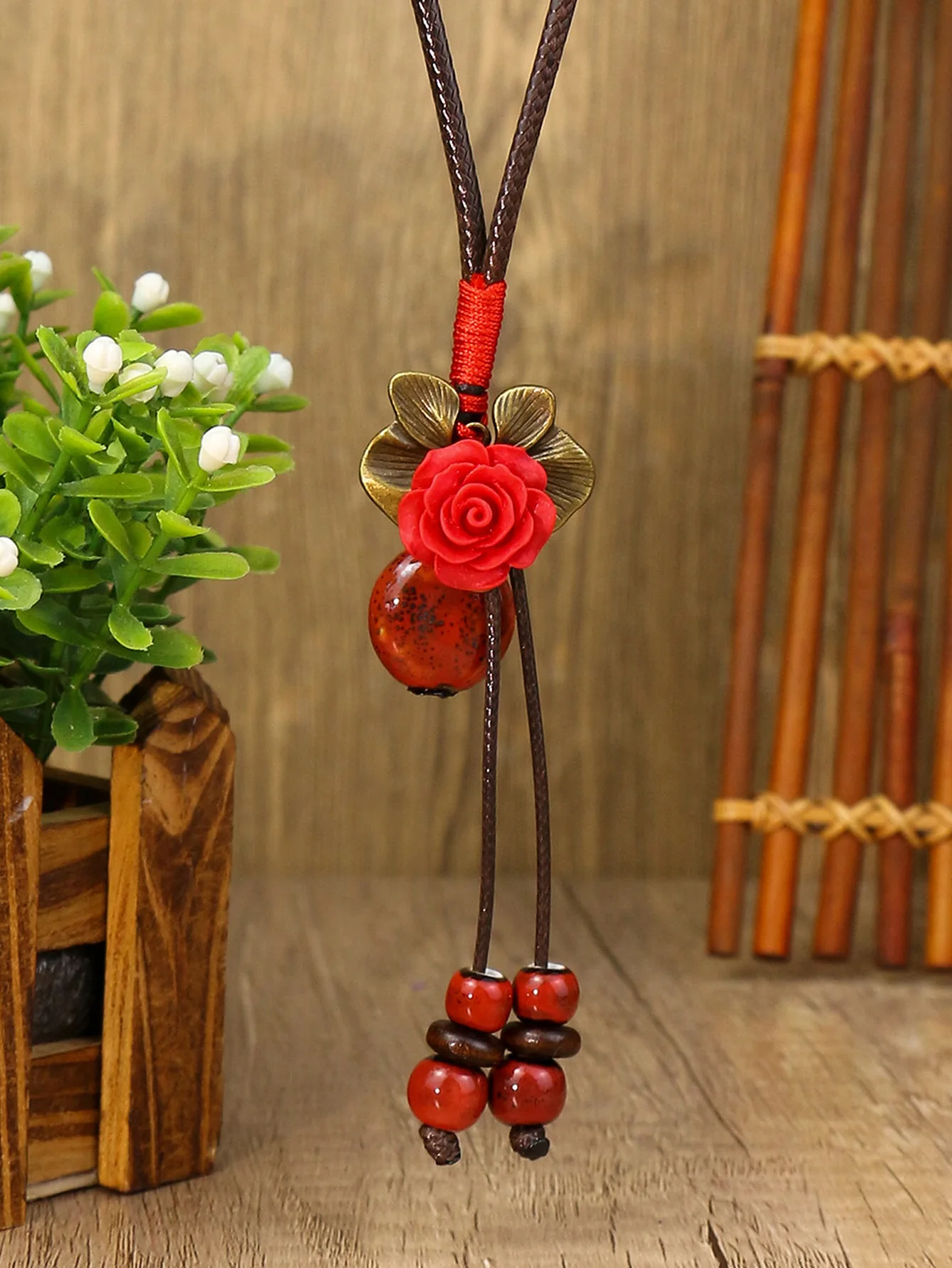 Bohemian Style Women\'s Sweater Chain Necklace Red Stone Pendant Long Necklace Bohemian Jewelry Gift