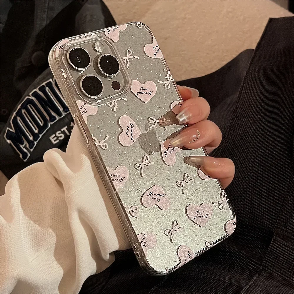 Funda de teléfono con lazo de amor rosa brillante, carcasa a prueba de golpes para iPhone 16, 15, 14, 12, 13, 11 Pro Max Plus, X, XR