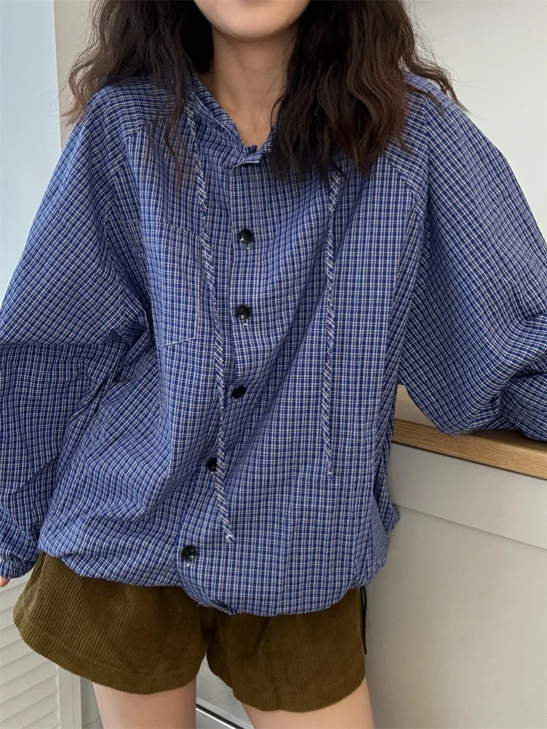 Bleu Plaid à capuche Protection solaire irt Jaet femmes été décontracté ample Long Sve haut PPHOME coton Polyester mélange