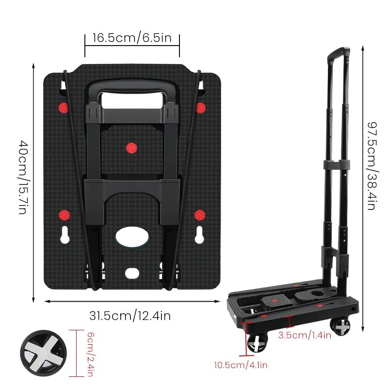 Airaj Opvouwbare Handwagen Lichtgewicht Dolly Opvouwbare Bagagekar Met 4 Draaibare Wielen, Utility Cart Met Verstelbaar Handvat