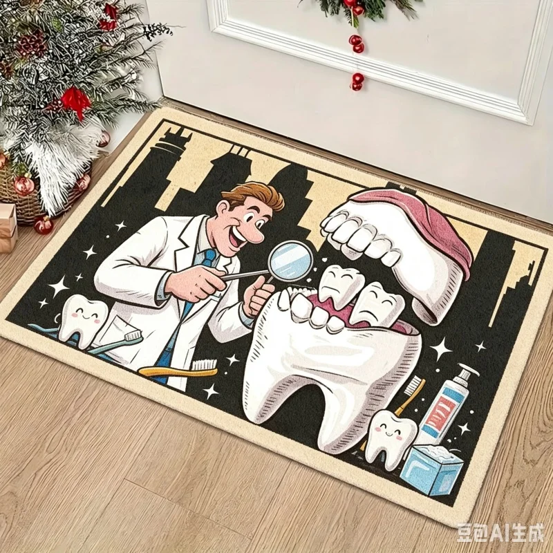 Funny Dentist Construction Tooth Cartoon Print Entryway Doormat, Creative Dental‑theme Floor Mat Entrance Home Decoration