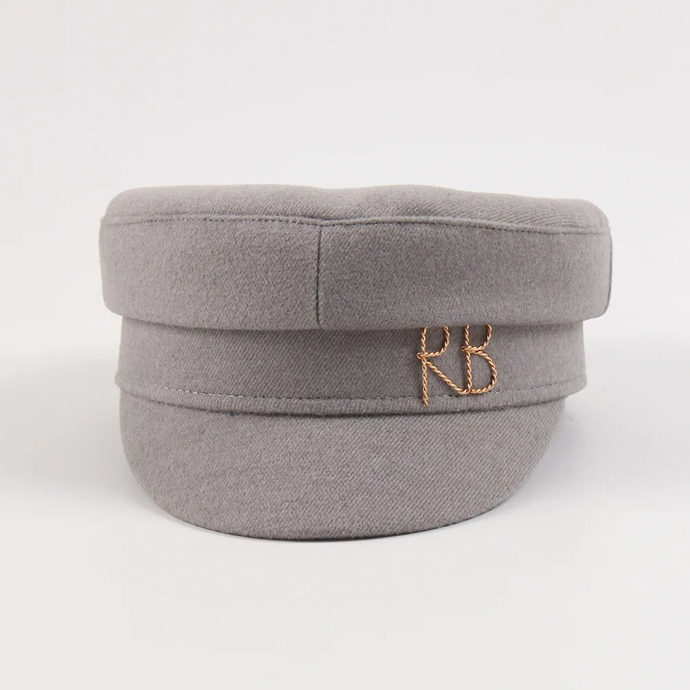 Brand Designer Autumn Winter  Newsboy Caps Metal letter Decorated  Flat Wool Caps