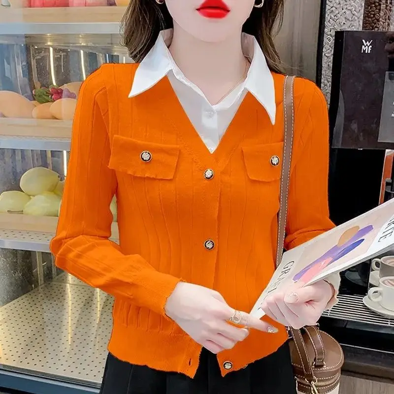 

Fashion Lapel Spliced Knitted Fake Two Pieces Shirts Female Clothing 2024 Autumn Winter New Loose Sweet Tops Korean Blouses