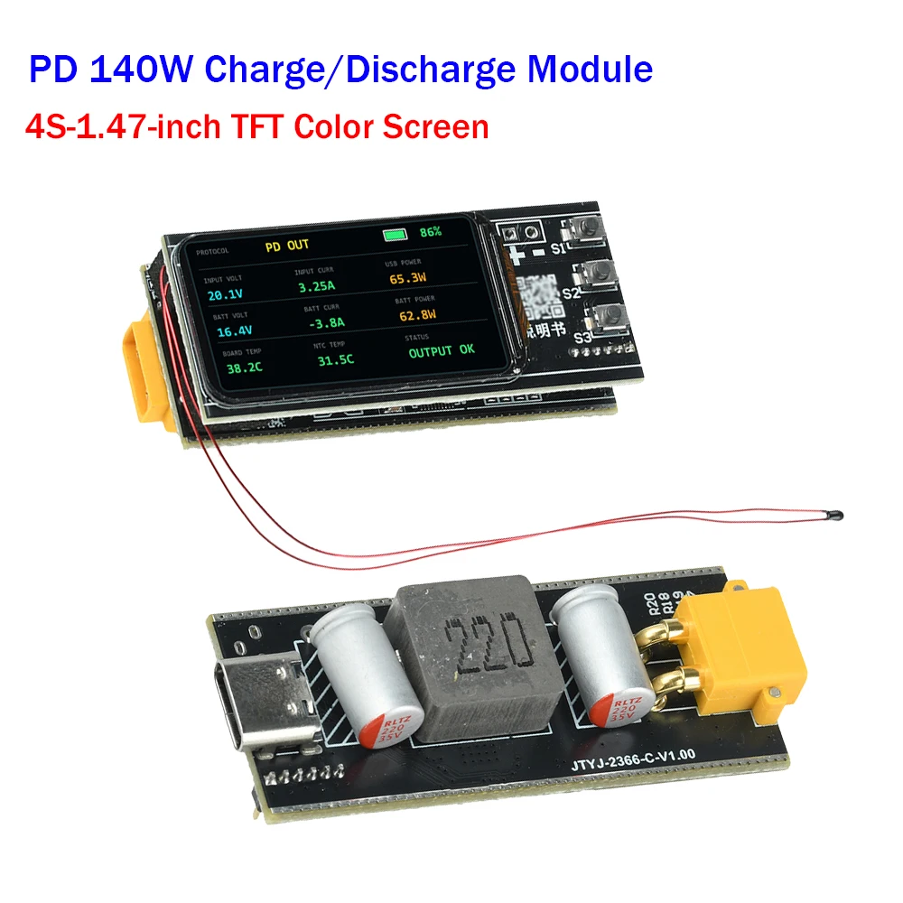 PD 140W Fast Charging Module 1.47-inch TFT IP2366 Buck-Boost 2-6S Li-ion Charge/Discharge Board Power Bank Mainboard DIY Kit