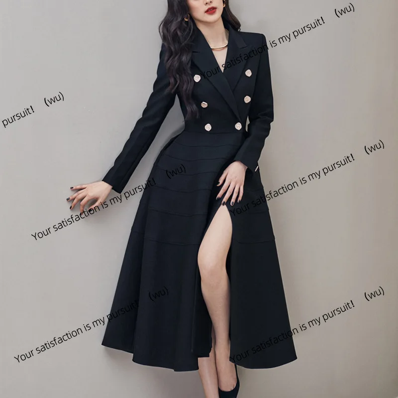 

Костюм-юбка, осенне-зимний новый черный длинный рукав, стразы, пуговицы, открытая вилка, талия, тонкое большое распашное длинное платье знаменитости