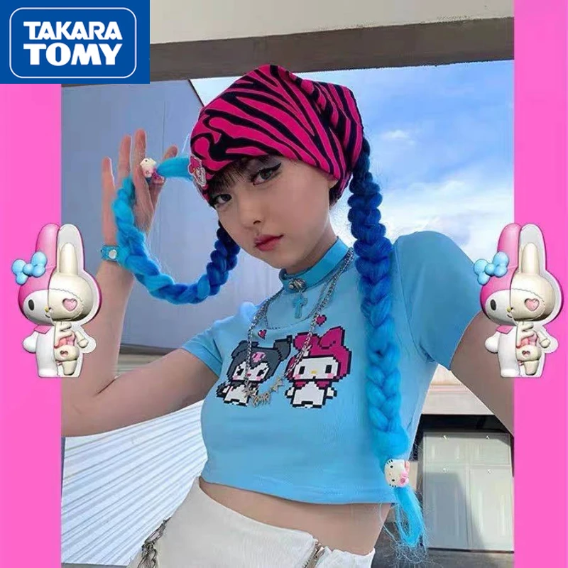 

TAKARA TOMY Summer Girls Cotton Hello Kitty Sweet and Cute Short Navel T-shirt Cartoon Printing Slim Short-sleeved Top