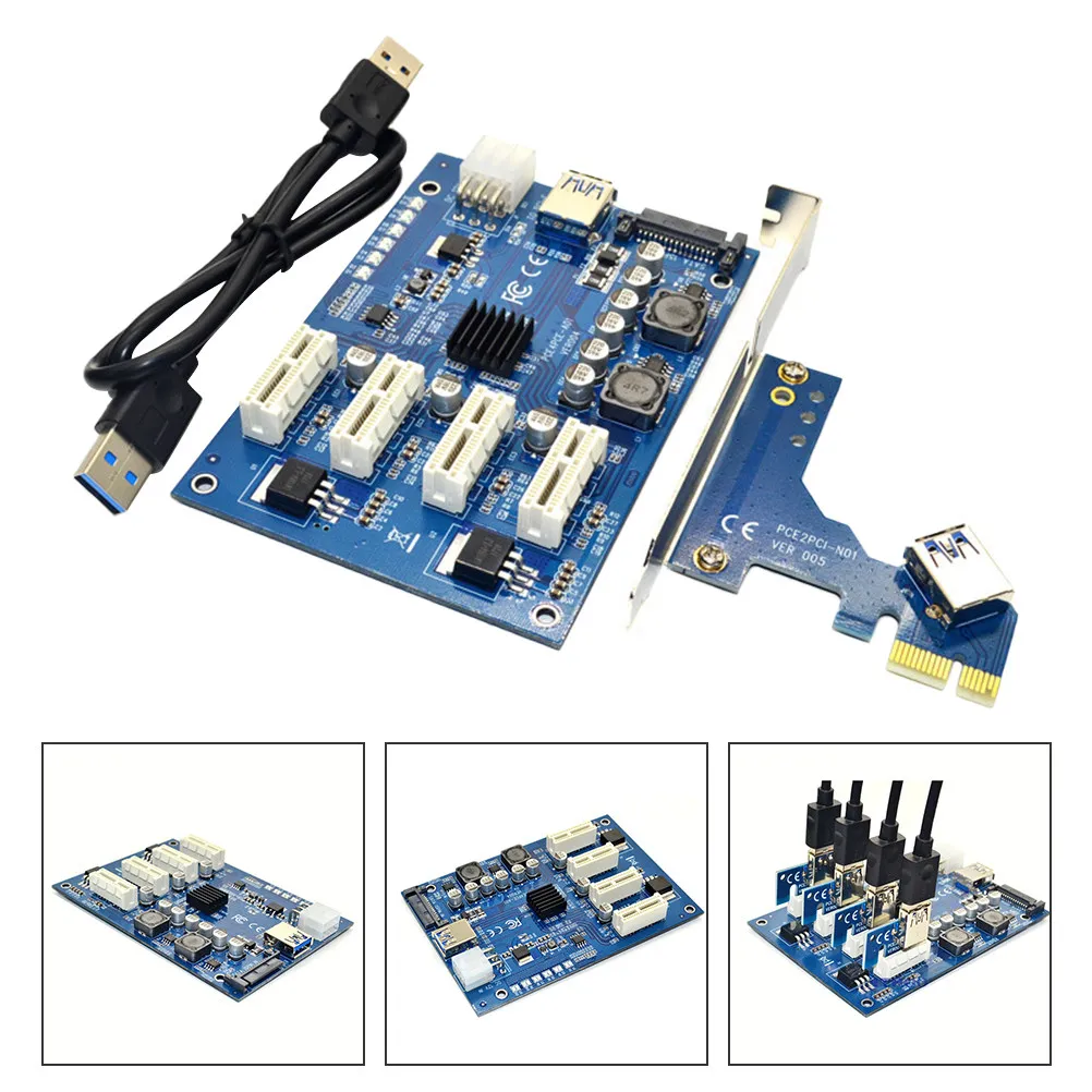 1Set Pci-E Riser Card 1X to 4X Pci Extension Adapter with USB 3.0 Cable for GPU Mining Rig Multi-GPU Setup Computer