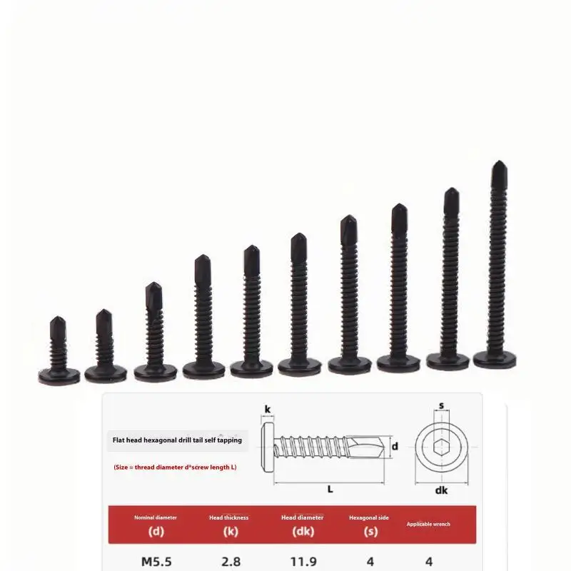

10 шт. самосверлящий винт с шестигранной головкой и плоской головкой, черный цинк M5.5, саморезы для листового металла