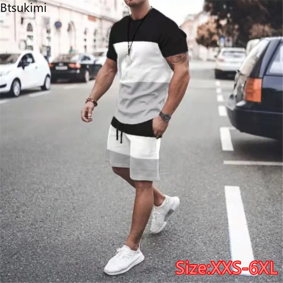 

Summer Fashion Men's Loose Casual Two Piece Sets Contrast Color Design O-neck T-shirt and Shorts Sport Suit Men Fitness Clothes