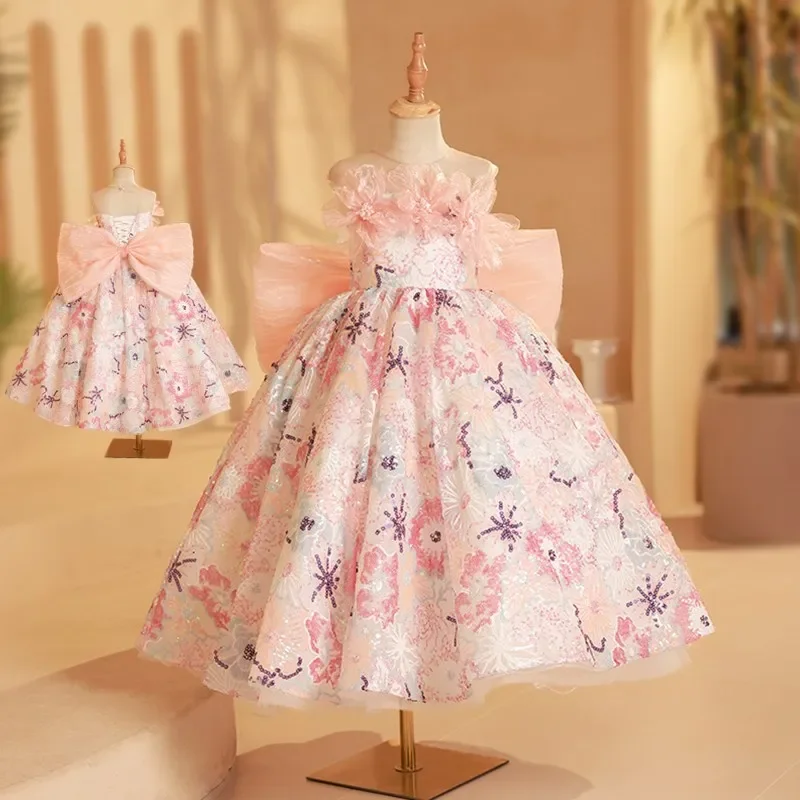 

Sequined Dress for Little Girls Kids Girl Puff Big bow Beading Long Ball Gown Children Performance Costume Infant Formal Dresses