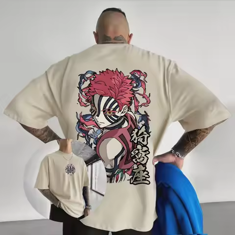Oversized Demon Slayer Akaza Anime Men's T-shirt Cotton Women Short Sleeve Tops Summer Streetwear Graphic Tee Casual Y2k Clothes