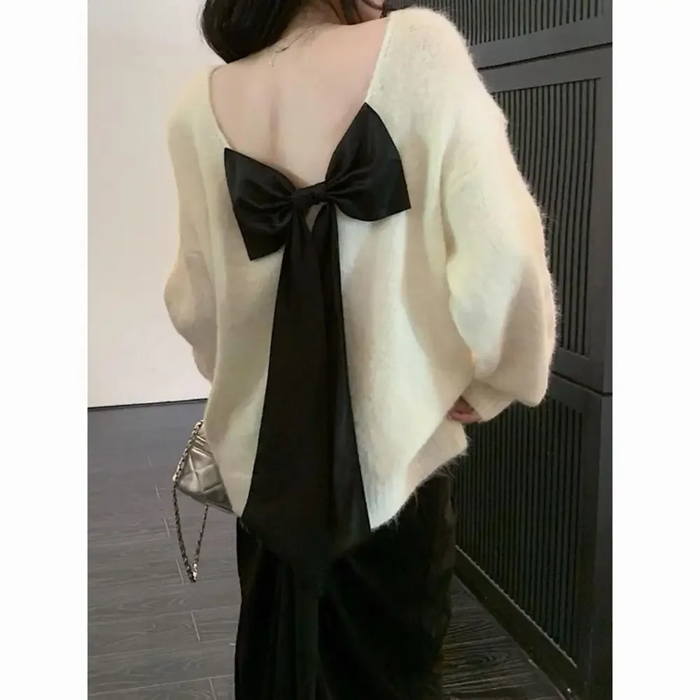 Gagaok Backless Bow Sweater Autumn 2024 New Korean Fashion Sweet Pullover Top Knitwear Simple Solid Knitted Pull Femme