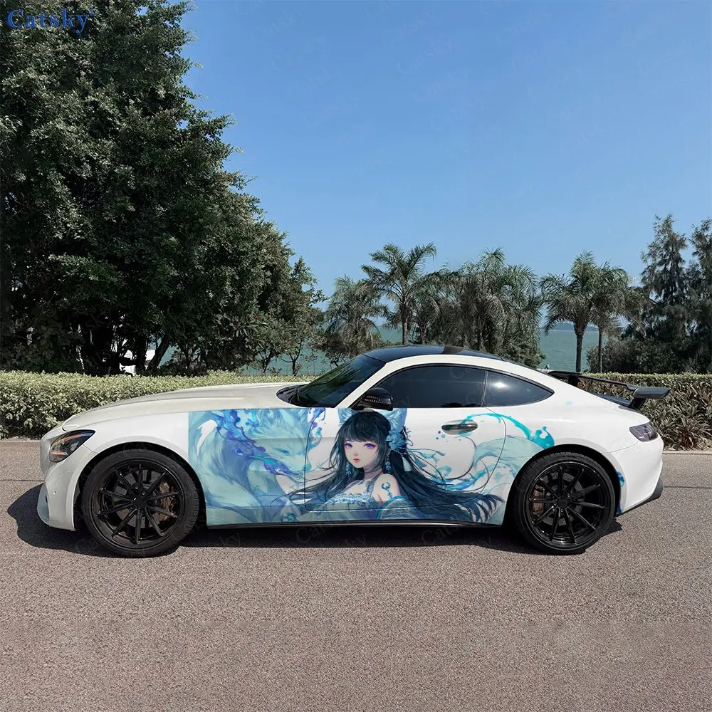 2pcs Blue Wave Texture Fox Ear Girl Car Side Wrap, Self-Adhesive PVC Waterproof & Scratch-Resistant Stickers, Car Accessory Gift
