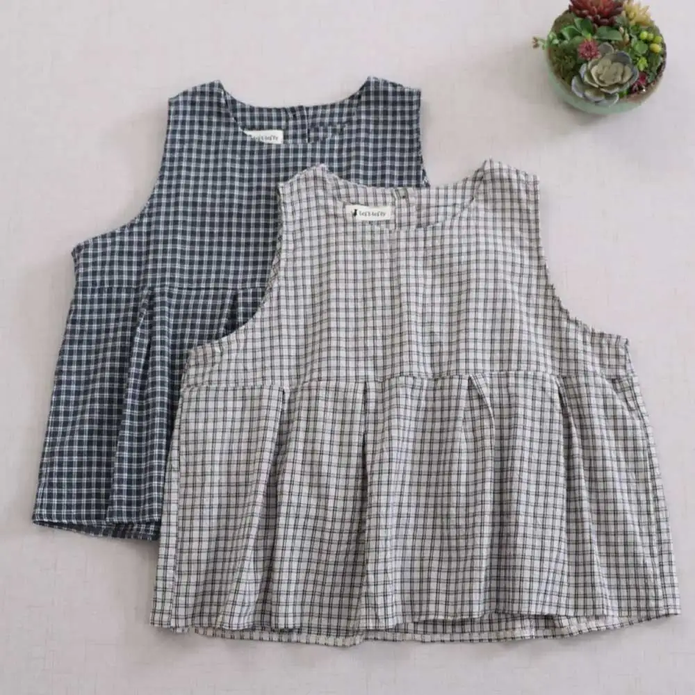 

Japanese Mori Girl Vintage Plaid Button Back Cotton Vest Tank Tops Women Spring Summer O-Neck Sleeveless Casual Loose Blouse