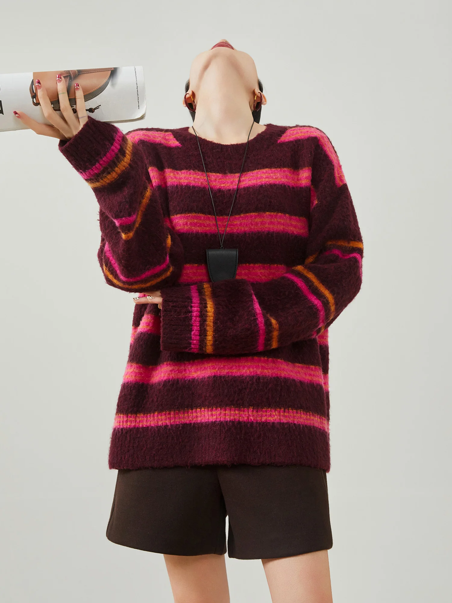 

American Retro Color Blo Striped Loose Fit round Ne Pullover Thi Long Sve Knitted Sweater for Women Comfortable Soft