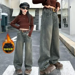 Kids Winter Thicken High Street Jeans For Teenager Child Warm Insulated Jeans Trouser Girl Straight Fit Fleece-Lined Denim Pants