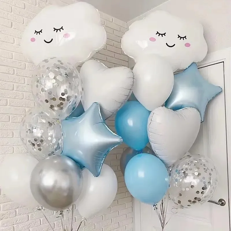 22-teiliges weißes Wolken-Babyparty-Luftballons-Set mit 18-Zoll-Sterne, Herzen, Folienkugel, silbernes Konfetti, Globos, Geburtstag, Hochzeitsdekoration