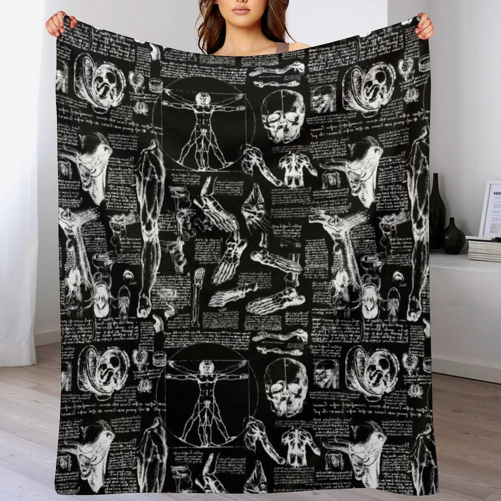 Da Vinci's Anatomy Sketches // Black Throw Blanket Decoratives Decorative Throw Blankets