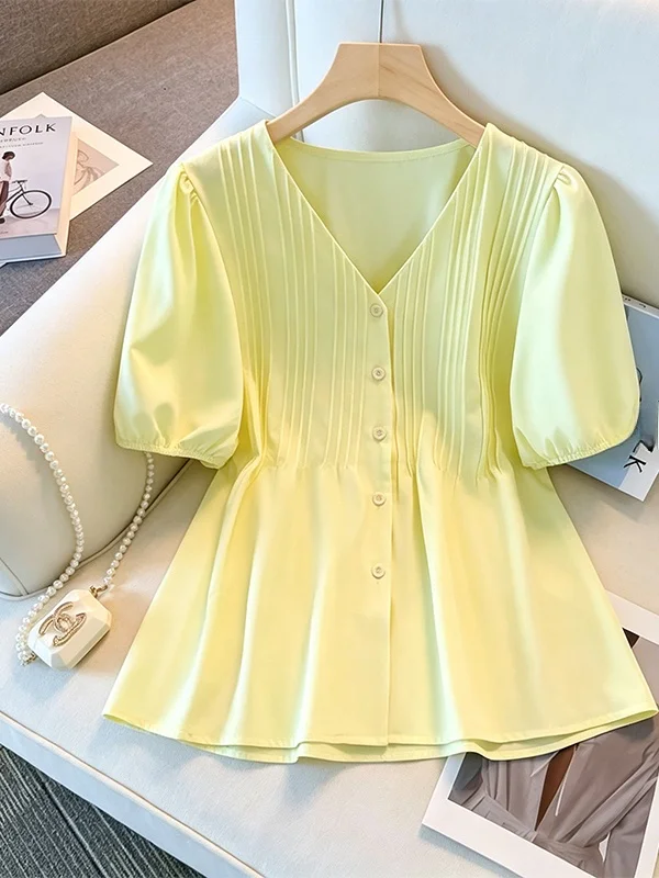 

plus Size Summer New Style Women's Shirt V-Neck Open Cardigan Slimming Meat Covering Korean Version Fashionable Skinny Stick