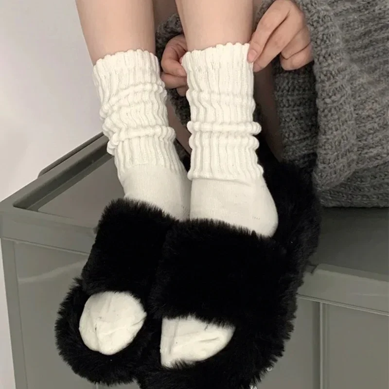 Y2k Knitted Long Socks Women Girls Casual Black White Loose Crochet Middle Tube Lolita Sox Cotton Solid Boot Cuffs Ruffles Socks