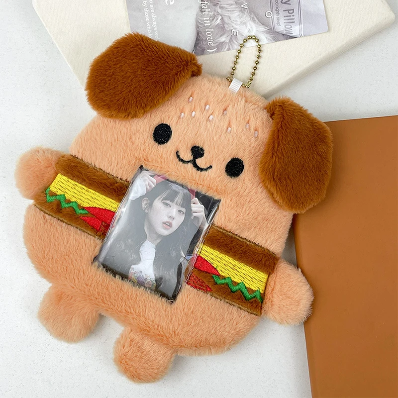 1PC Burger Dog Plush Photo Card Holder Cartoon Animal Keychain Bus Card Photo Display Pendant Women Keyring For Students