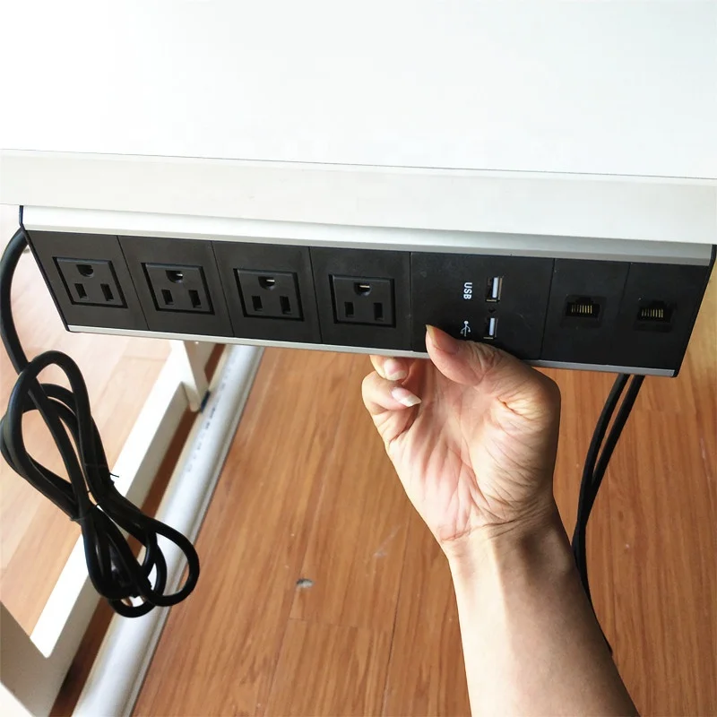 독특한 4구 미국식 AC 콘센트 데스크 걸이형 멀티탭 USB 포트 RJ45 데이터 마운트 포함 책상 아래 테이블 가장자리 연장 소켓