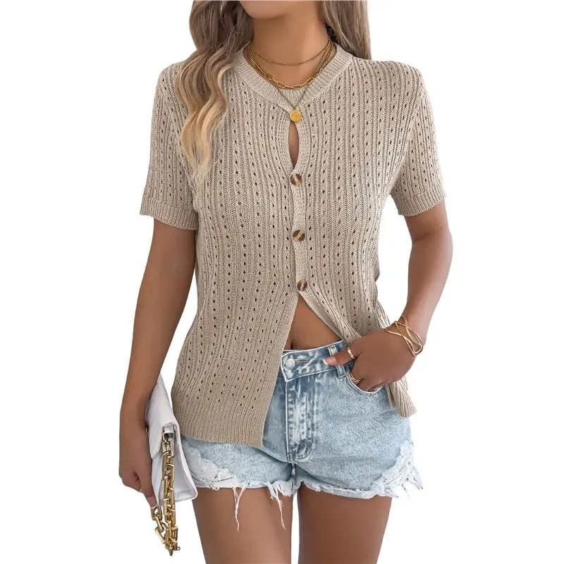 

CYL-Womens Solid Color Hollow Out Button Short Sleeve Knit Top Casual Sweater Blouse Khaki L