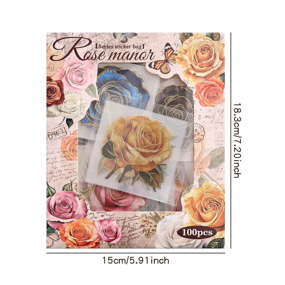100 sheets Vintage Leaf Plant Rose PET Scrapbooking Sticker Pack Waterproof Decorative Material Aesthetic Sticker For DIY Craft
