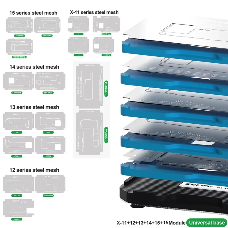 25 in 1 High precision BGA Reballing Stencil kit for iphone X-16 series motherboard Middle layer Magnetic tin planting platform