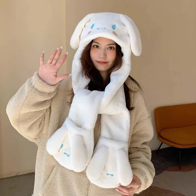 Sanrio Plush Hat Kuromi My Melody Cinnamoroll Kawaii Hat Scarf Gloves Trinity Sweet Girl Winter Warm Accessories Girlfriend Gift