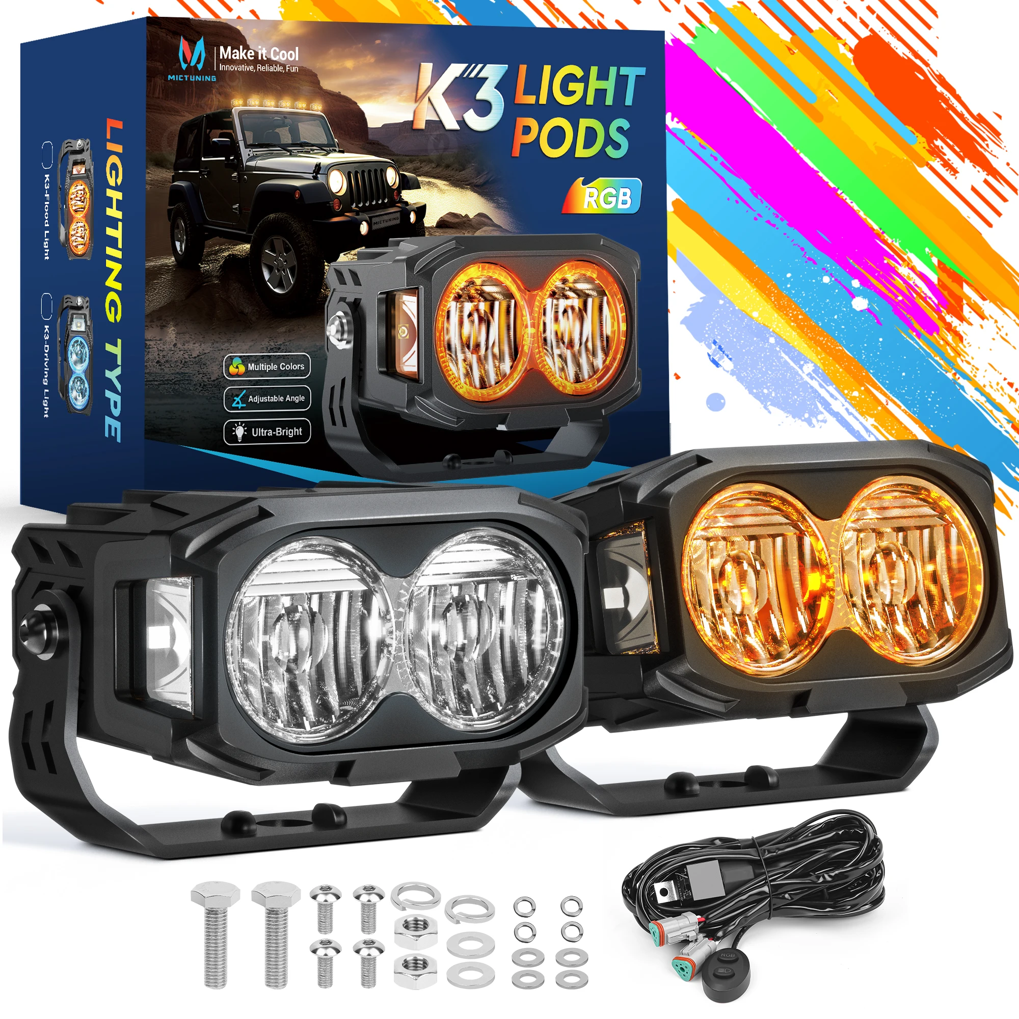 MICTUNING K3  RGB Work Light LED Light Pods, 4-Inch Offroad Driving Light Bar, RGB 7 Colors Flood Beam for  SUV ATV UTV