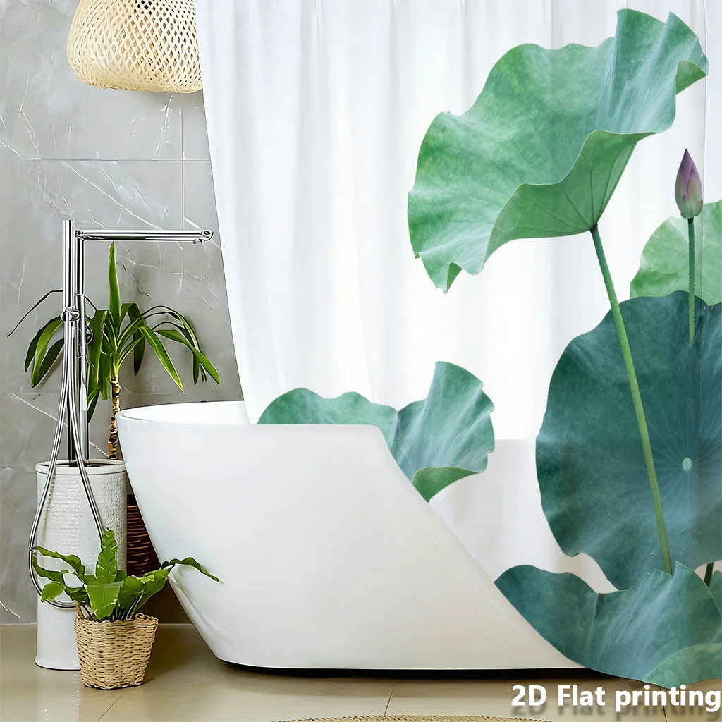 

Большая шторка для душа с изображением листьев и бутонов лотоса – реалистичный зеленый цветочный принт, белый фон, полиэстер, 12 крючков, водостойкая.