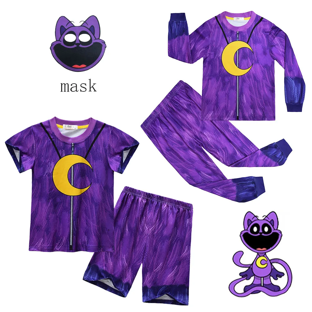 Boys Girls Catnap Cosplay Costume Smiling Critters Summer Tshirt Shorts Mask Children Cartoon Pajama Set Halloween Party Clothes