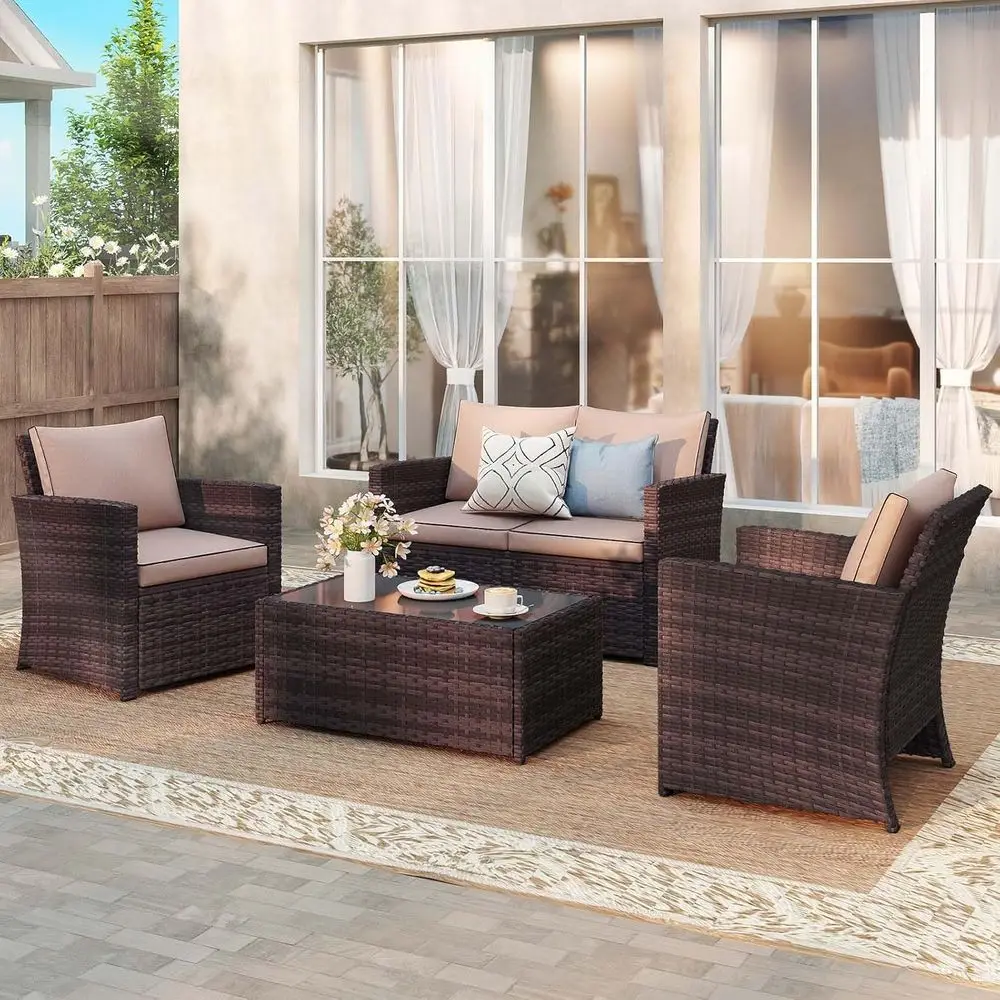 

4-Piece All-Weather PE Rattan Outdoor Patio Sectional Sofa Set with Tempered Glass Coffee Table, Brown