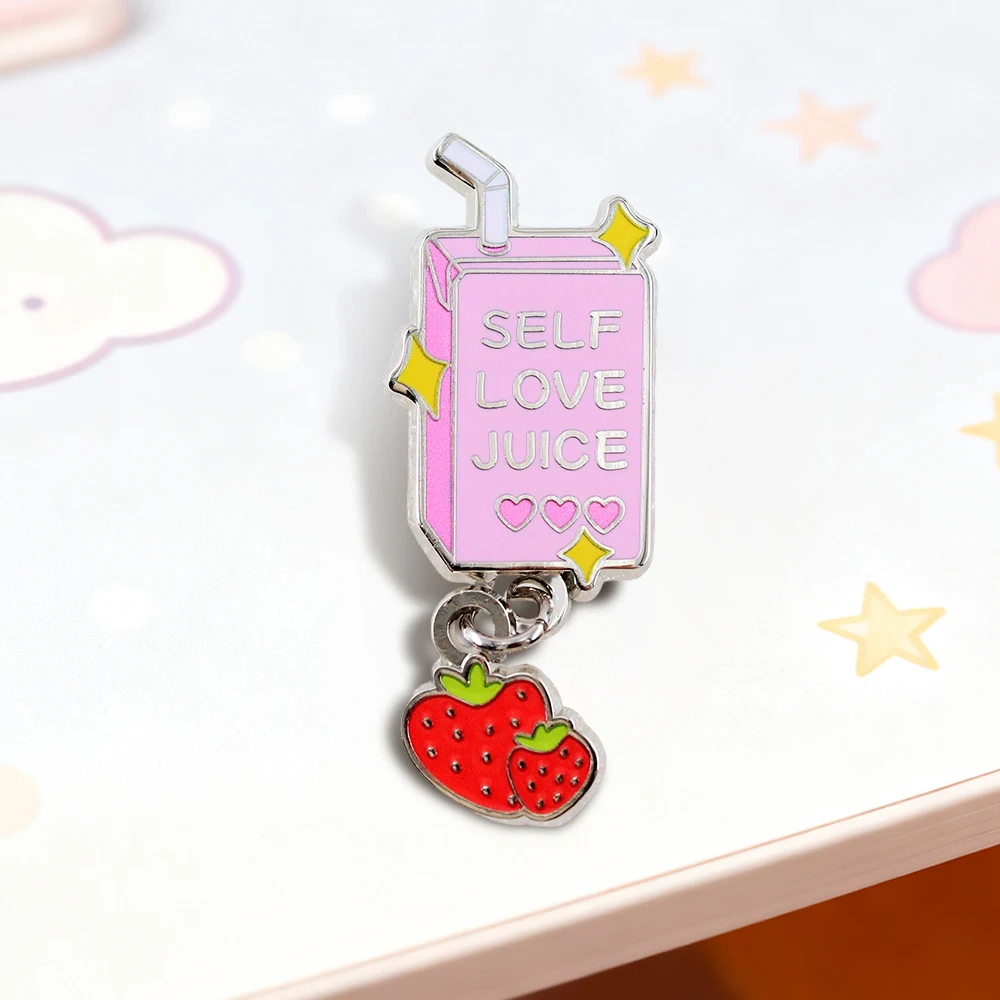 Self Love Juice Enamel Pin Cute Strawberry Pendant Badge Self Care Badge Take Care Of Yourself Brooch Juice Box Jewelry Decorati