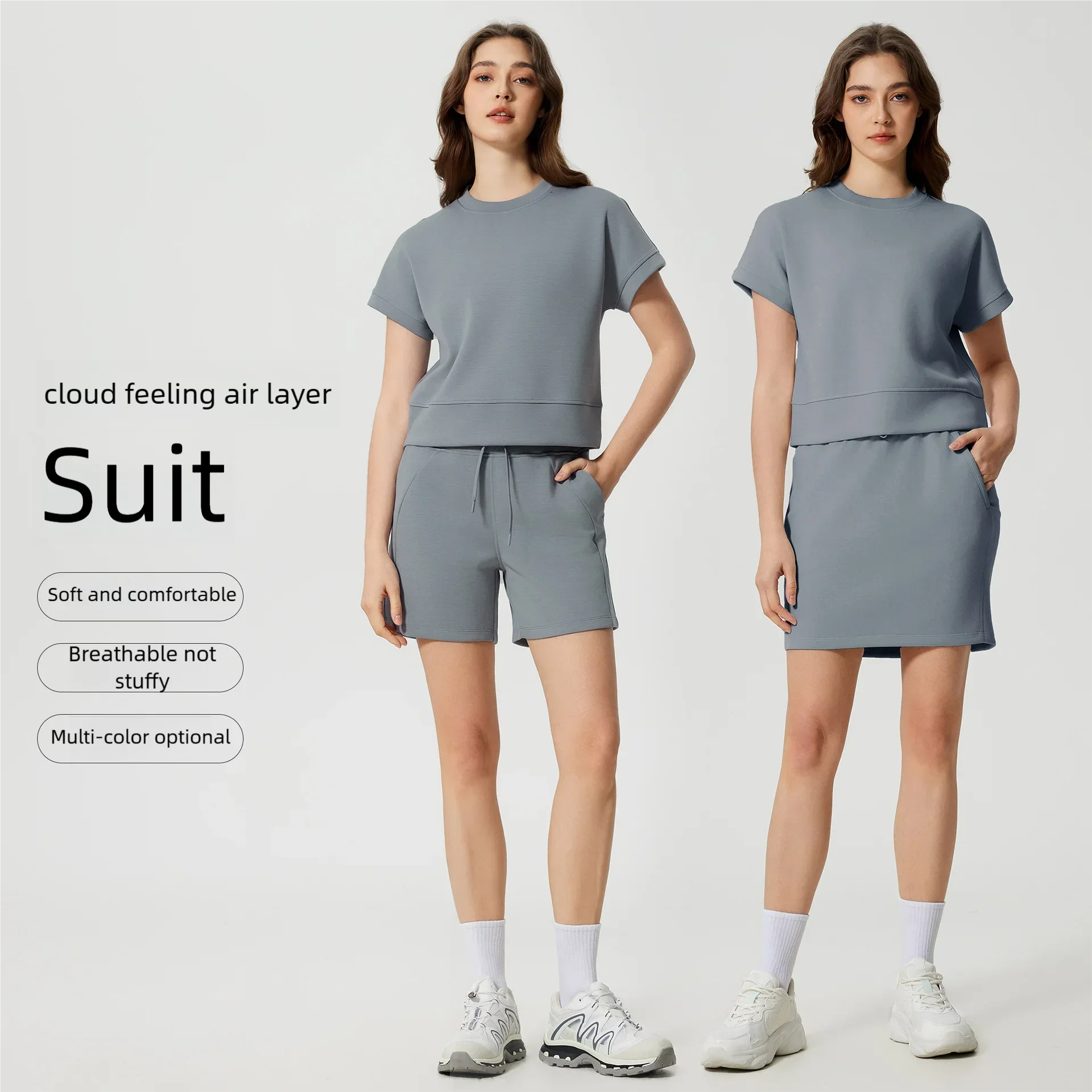 

Women's Casual Sport Two-Piece Set | Loose-Fit Breathable Fitness Short-Sleeve T-Shirt & Bare-Feel Air-Layer Shorts Yoga Outfit