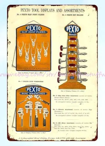 decor design 1940 Pexto Tools Brace Drill Pipe Wrench Pliers metal tin sign