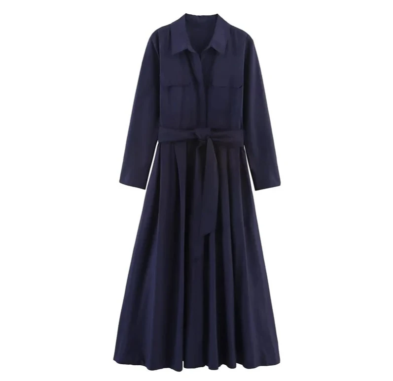 فستان نسائي خريفي جديد بلون سادة وأكمام طويلة نمط قميص على شكل حرف A وحزام فستان مزين بشخصية عصرية غير رسمية #4