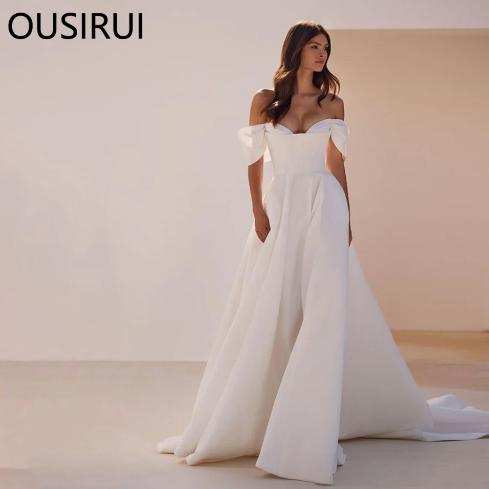 

OUSIRUI Modest Off the Shoulder Satin A-line Wedding Party Dress Boho Backless Court Wedding Bridal Gown Vestido de novia