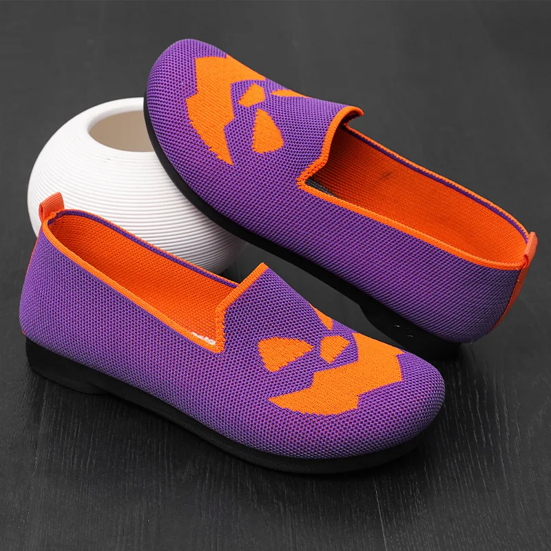 Women Knitted Casual Shoes Halloween Pumpkin Slip on Flat Shoe Breathable Round Toe Sneakers Lightweight Soft Sole Women Loafers