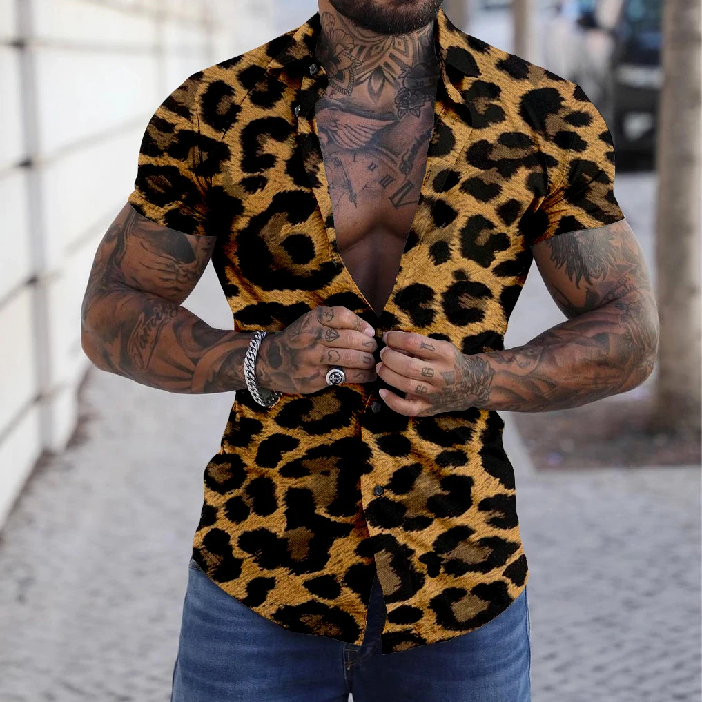 Summer Men Luxury Leopard Print Shirt Vintage Tops Tees Casual Stylish Blouse Trun Down Collar Clothing Male Beach Style Outfit