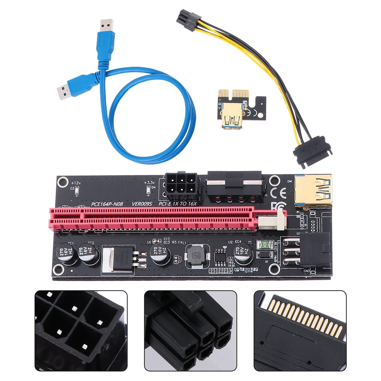 

1 set PCIE Adapter Card 1X to 16X Riser Extension Graphics Power Supply Black Solid Capacitors Dual 6PIN DC-DC for Multiple