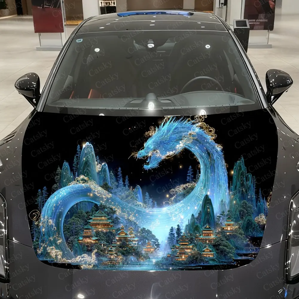 

Blue Flame Auspicious Dragon Car Vinyl Wrap, PVC Material Waterproof Car Hood Sticker, Self-Adhesive Scratch-Resistant Stickers
