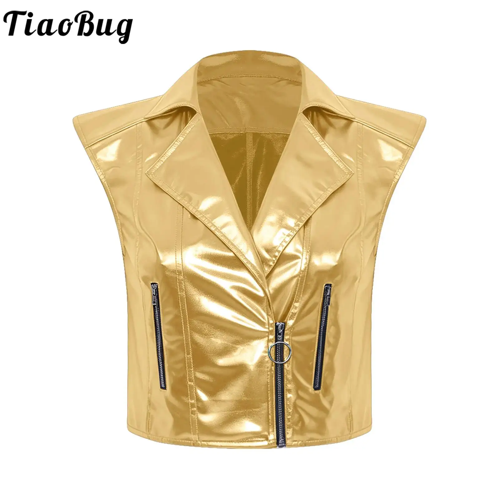 Women Metallic Sleeveless Jazz Waistcoat Club Vest Rave Party Clothes Notched Lapel V Neck Front Zipper Punk Motorcycle Tank Top
