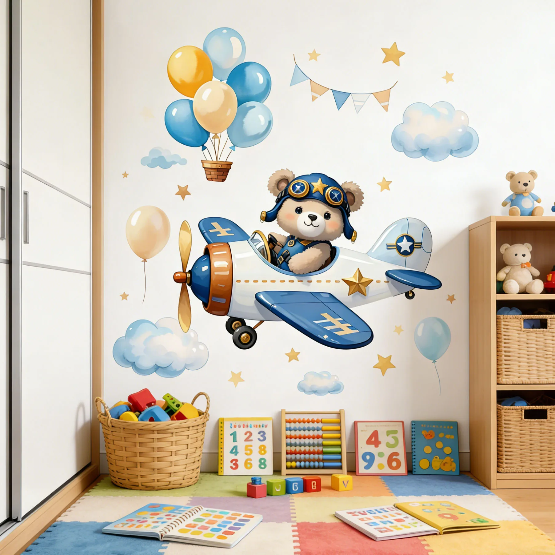 Cute Blue Pilot Bear Wall Stickers, Teddy Bear in Airplane with Balloons & Clouds Decals for Nursery