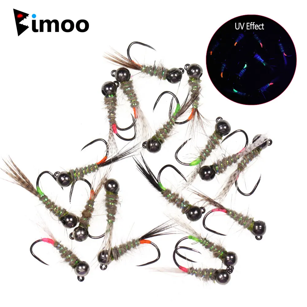 Bimoo 6PCS UV Tungsten Beadhead Pheasant Tail Barbless Jig Nymph Fly Fast Sinking European Nymph Fly Trout Fishing Lure Baits